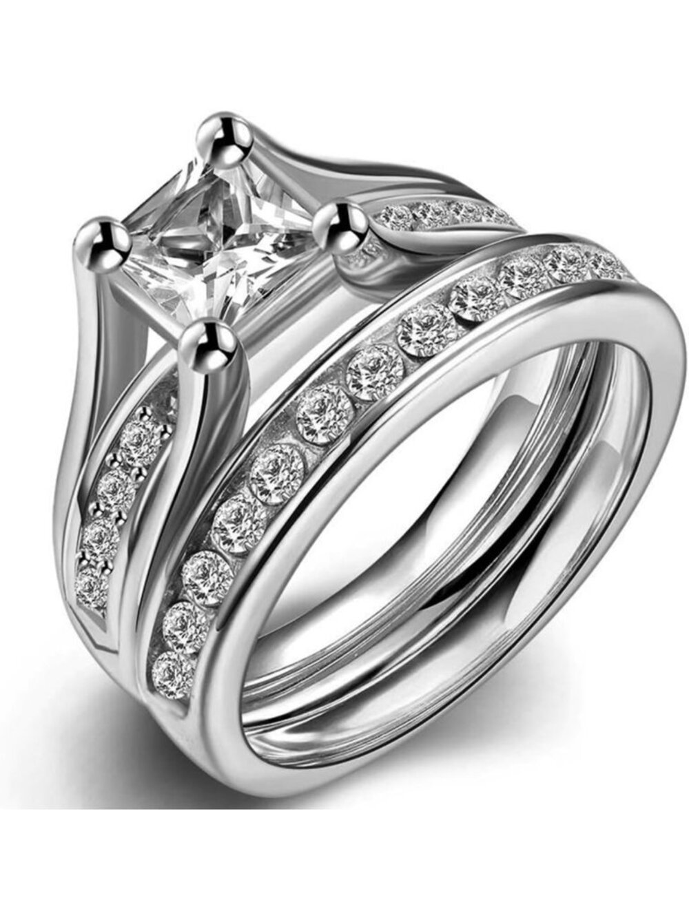 Stainless Steel Princess Cut Engagement Ring Set | Halo Bridal Wedding Jewelry